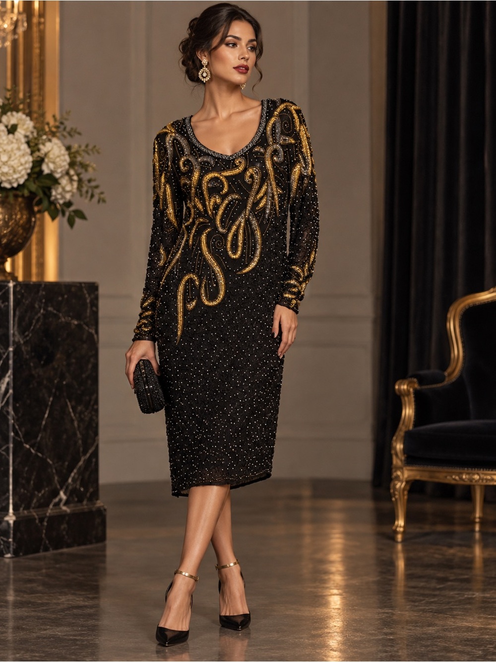 Vintage 80s Carina Beaded Silk Black & Gold Evening Gown